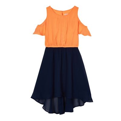 Girls' orange and navy cold shoulder dress